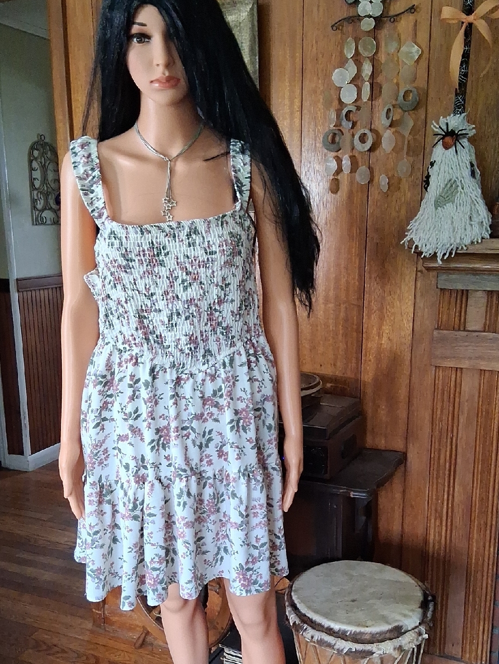 Smocked Boho Floral Gauze Mini Dress in White with Pink & Green